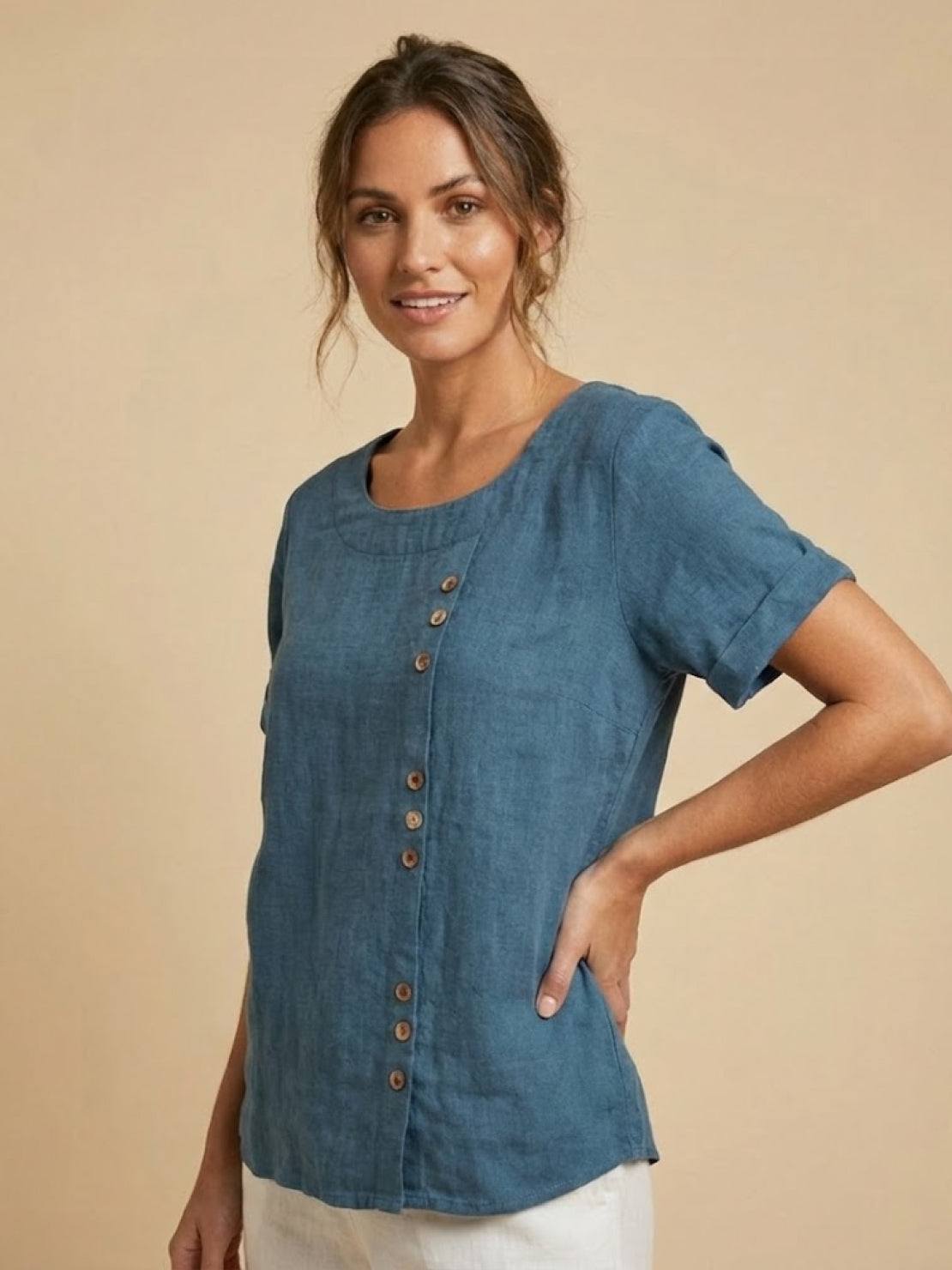 Olive | Women’s Olive Scoop Neck Tee with Buttons