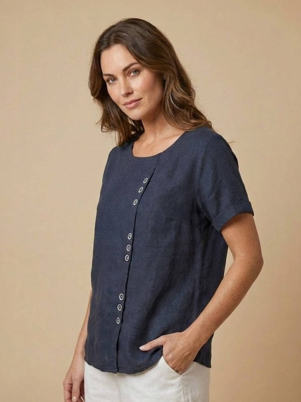 Olive | Women’s Olive Scoop Neck Tee with Buttons