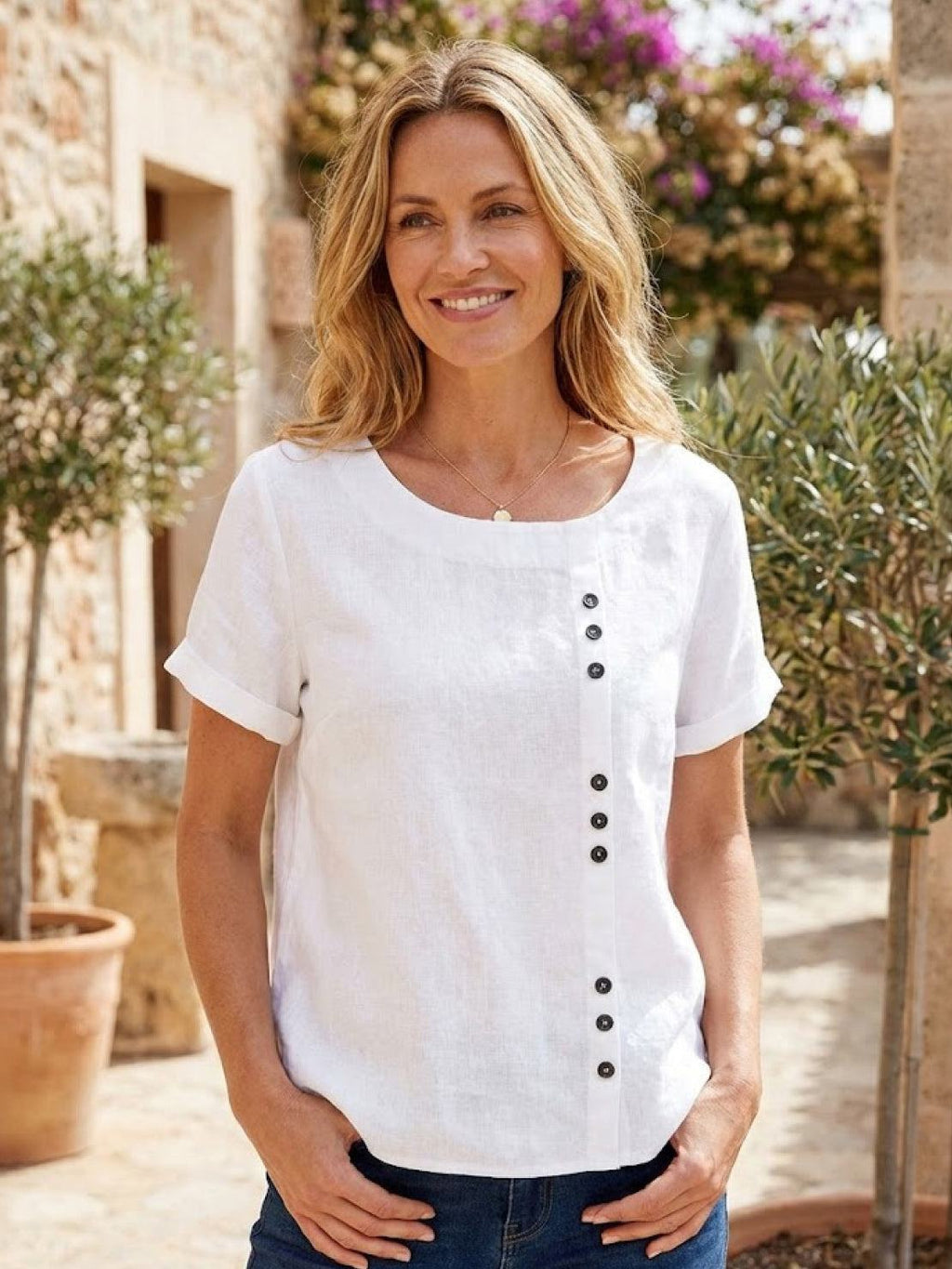 Olive | Women’s Olive Scoop Neck Tee with Buttons