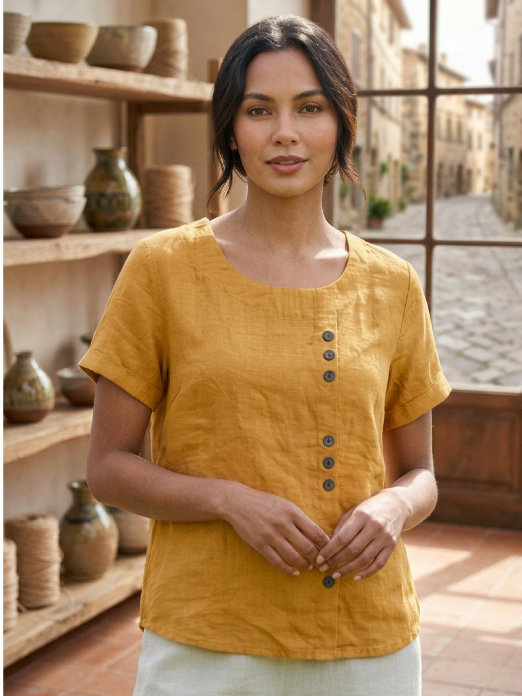 Olive | Women’s Olive Scoop Neck Tee with Buttons