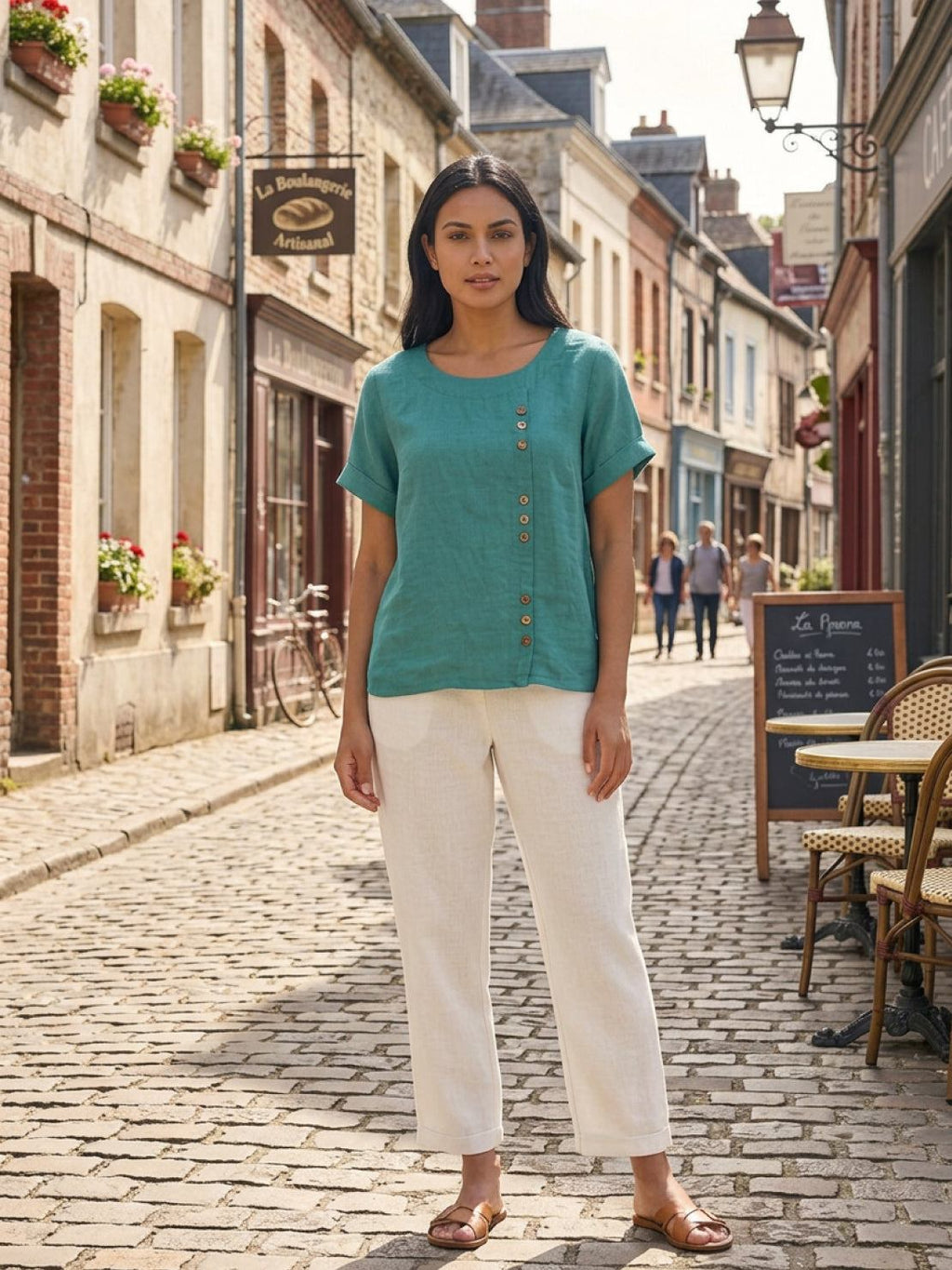 Olive | Women’s Olive Scoop Neck Tee with Buttons