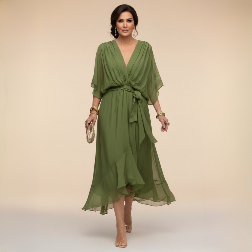 Roxanna | Women’s V-Neck Midi Dress with Wrap