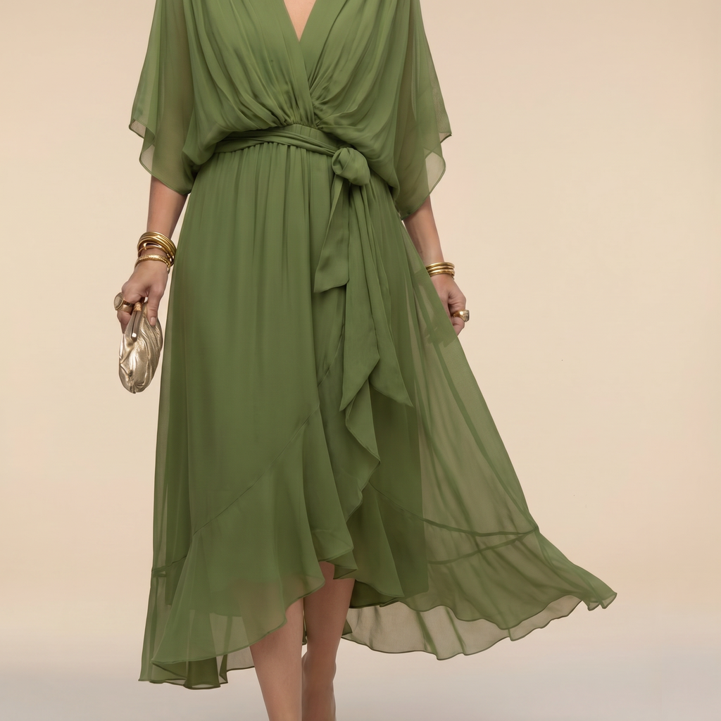 Roxanna | Women’s V-Neck Midi Dress with Wrap