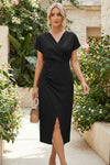 Short Sleeve Faux Wrap Midi Dress with Side Slit