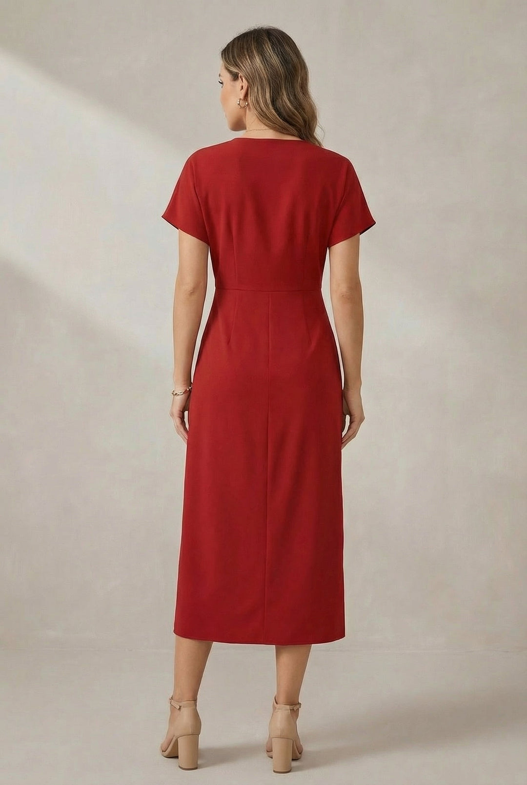 Short Sleeve Faux Wrap Midi Dress with Side Slit