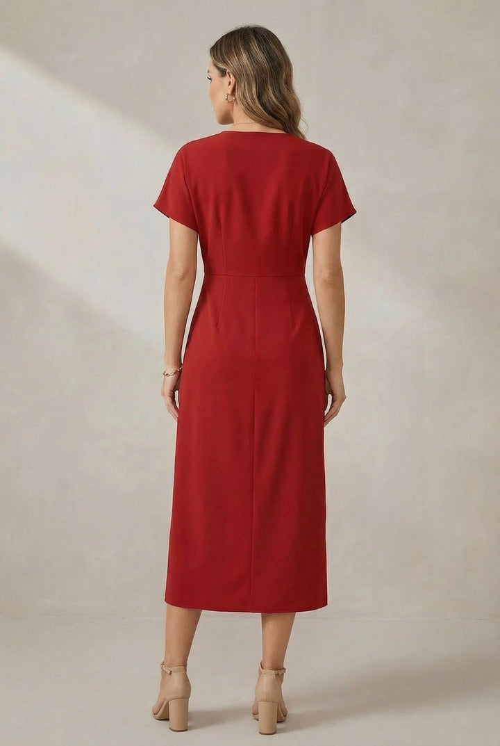 Short Sleeve Faux Wrap Midi Dress with Side Slit