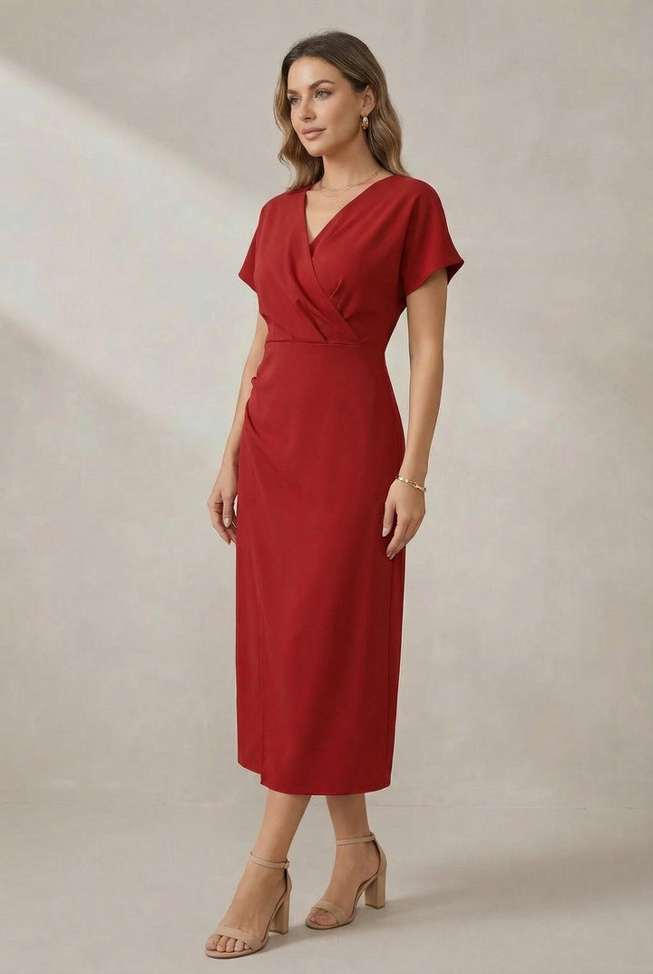 Short Sleeve Faux Wrap Midi Dress with Side Slit