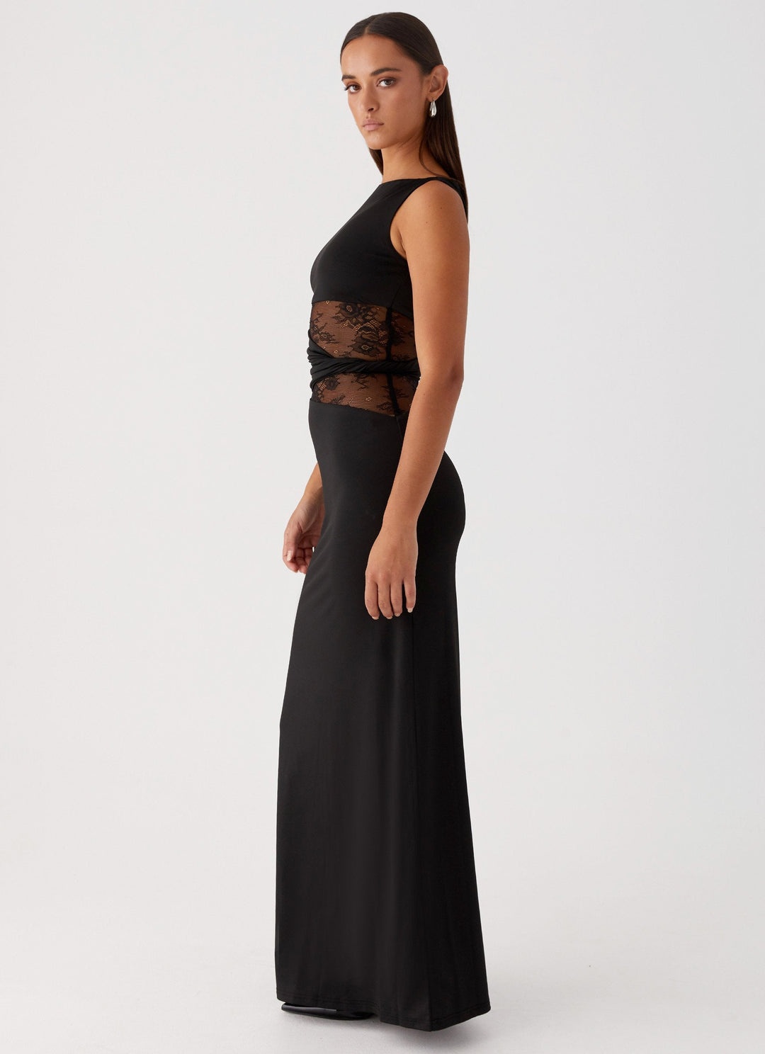Sleeveless Boat Neck Lace Cut-Out Maxi Dress