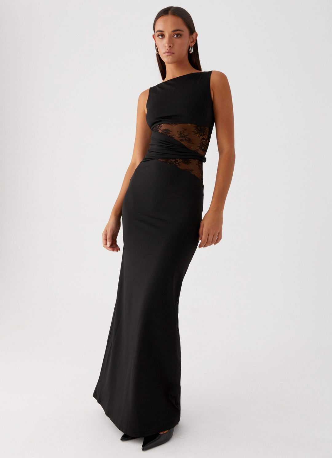 Sleeveless Boat Neck Lace Cut-Out Maxi Dress