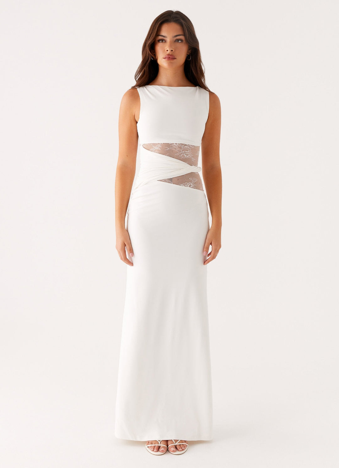 Sleeveless Boat Neck Lace Cut-Out Maxi Dress