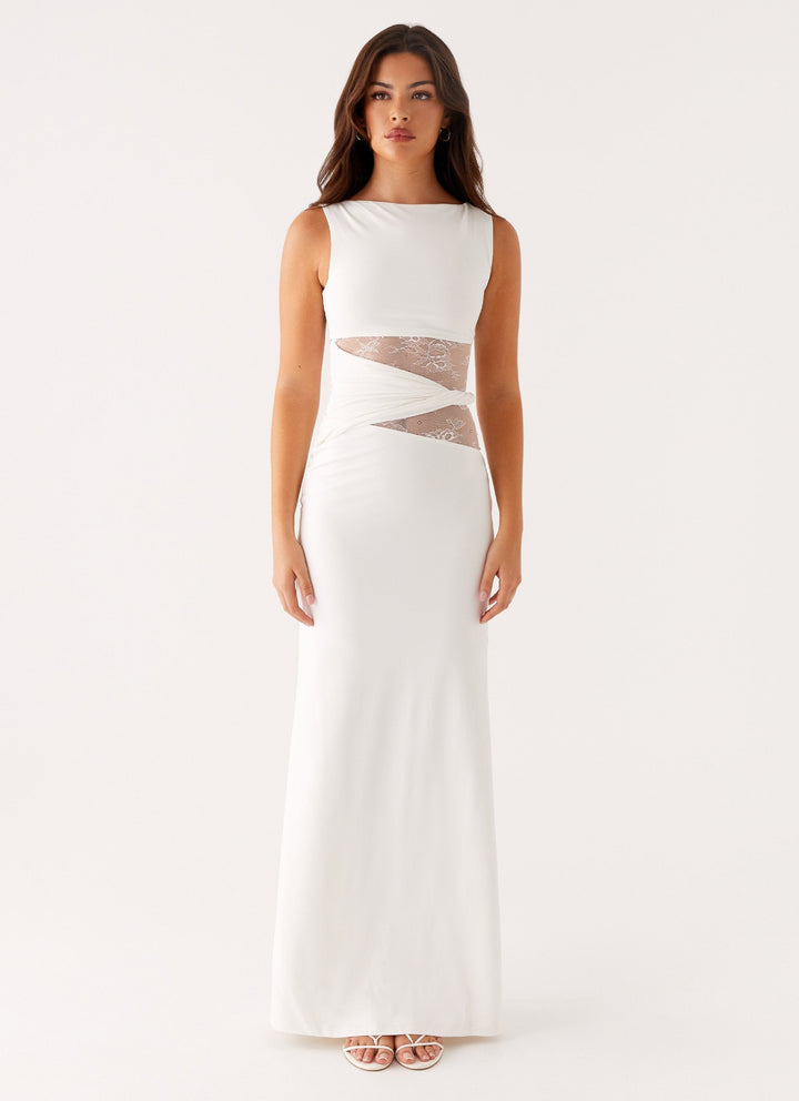 Sleeveless Boat Neck Lace Cut-Out Maxi Dress
