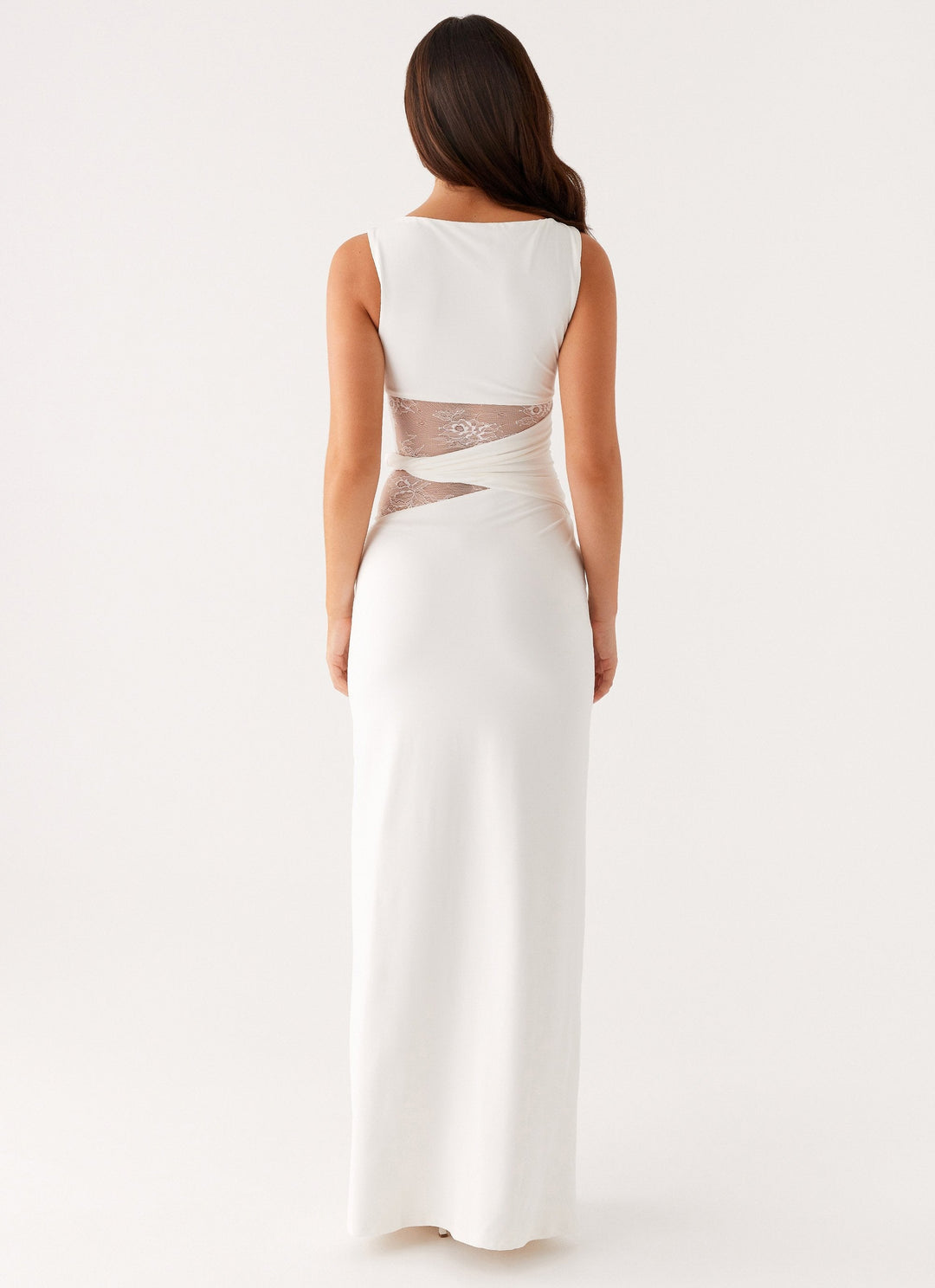 Sleeveless Boat Neck Lace Cut-Out Maxi Dress