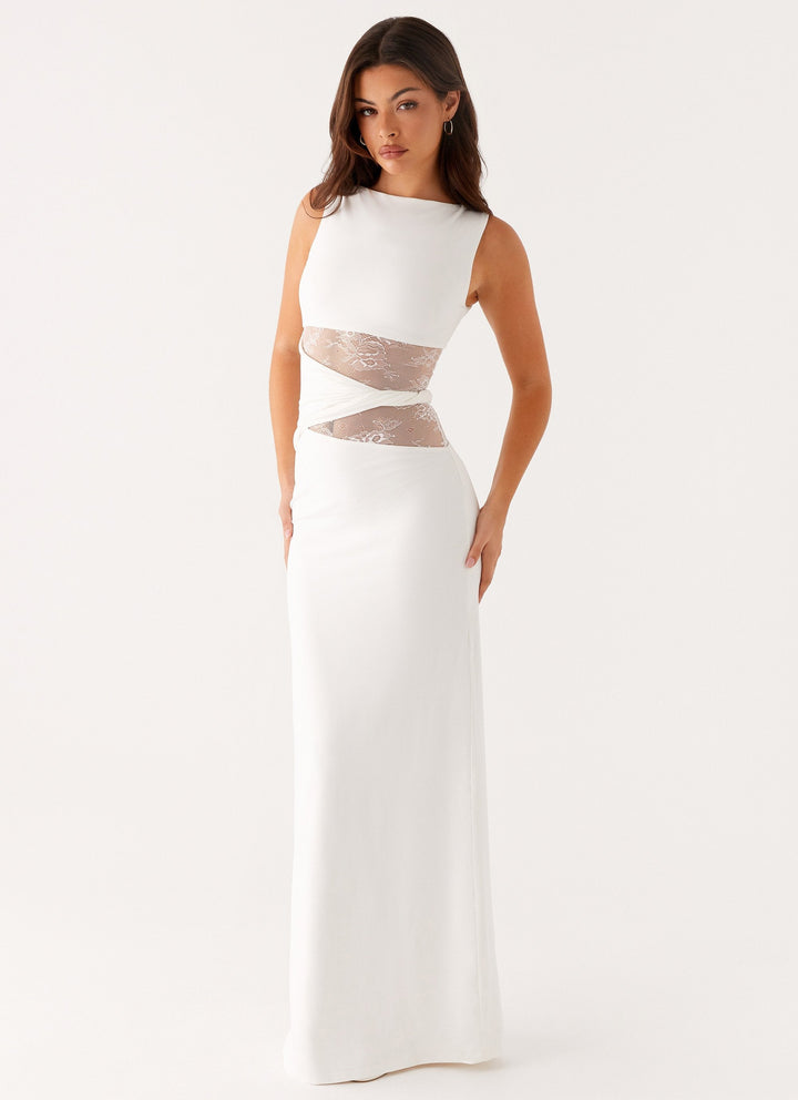 Sleeveless Boat Neck Lace Cut-Out Maxi Dress