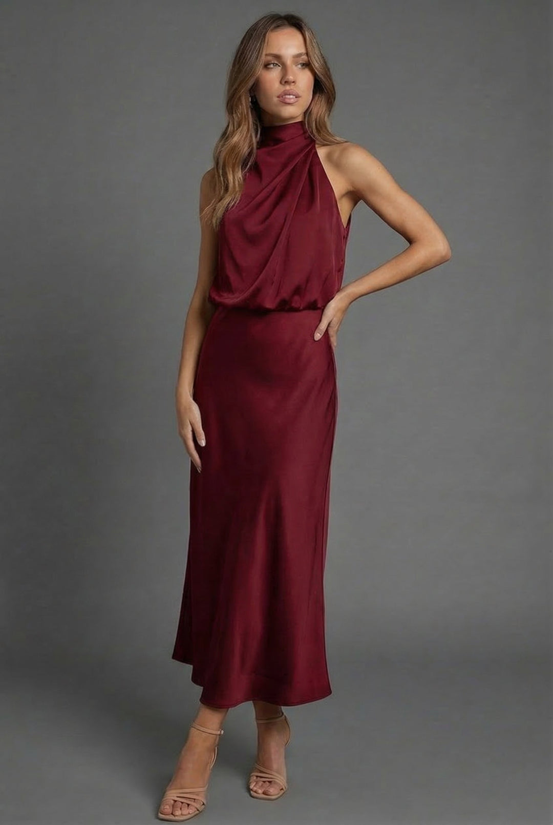 Sleeveless Draped Halterneck Satin Midi Dress