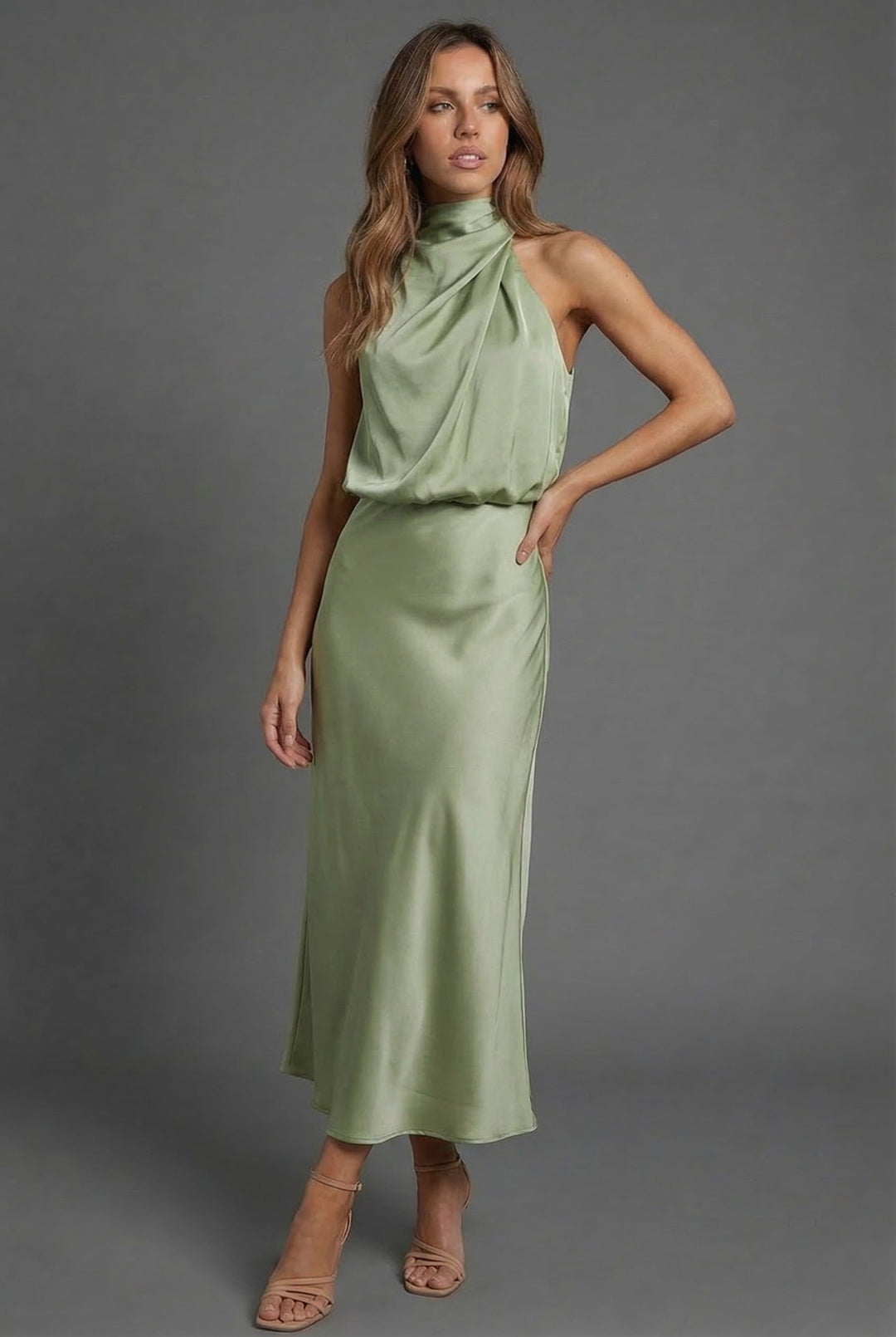 Sleeveless Draped Halterneck Satin Midi Dress