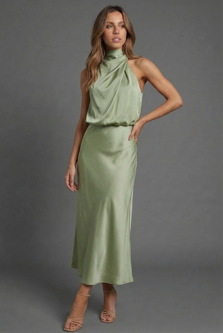 Sleeveless Draped Halterneck Satin Midi Dress