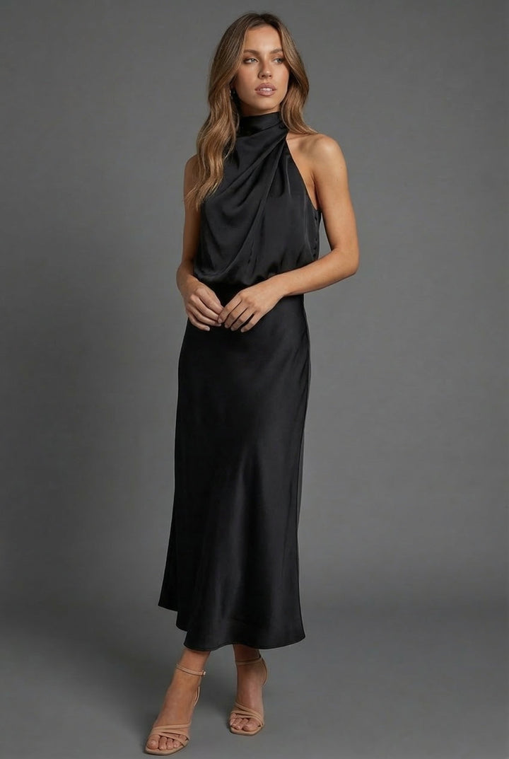 Sleeveless Draped Halterneck Satin Midi Dress