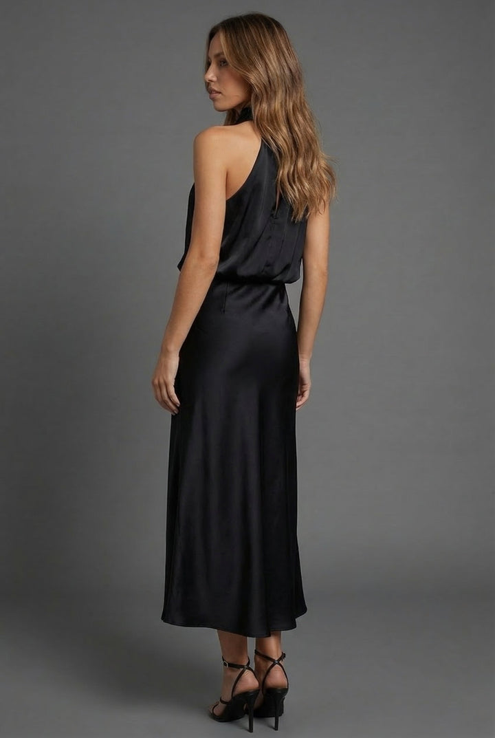 Sleeveless Draped Halterneck Satin Midi Dress