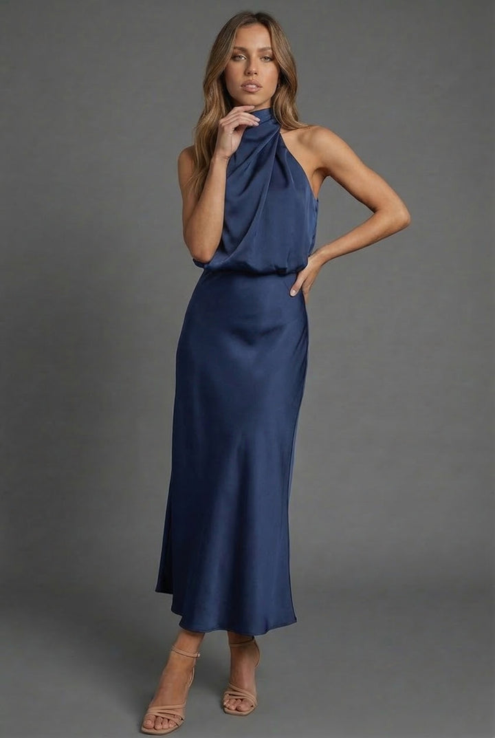 Sleeveless Draped Halterneck Satin Midi Dress