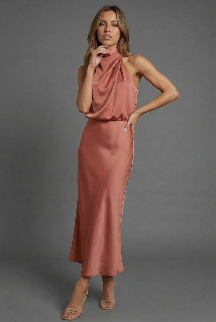 Sleeveless Draped Halterneck Satin Midi Dress