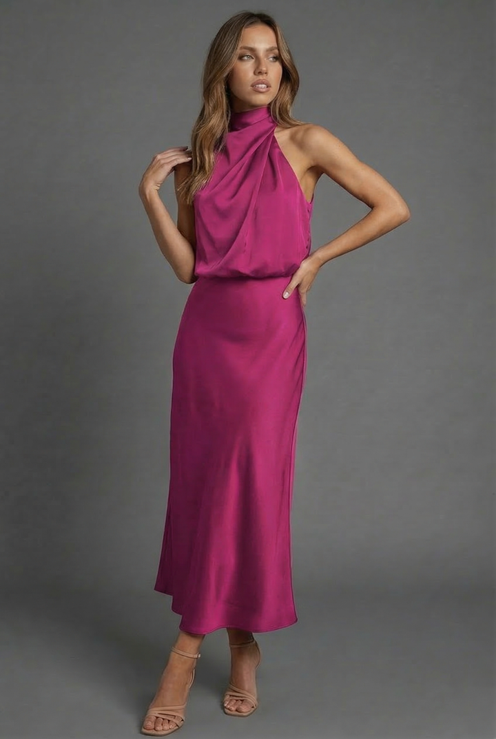 Sleeveless Draped Halterneck Satin Midi Dress