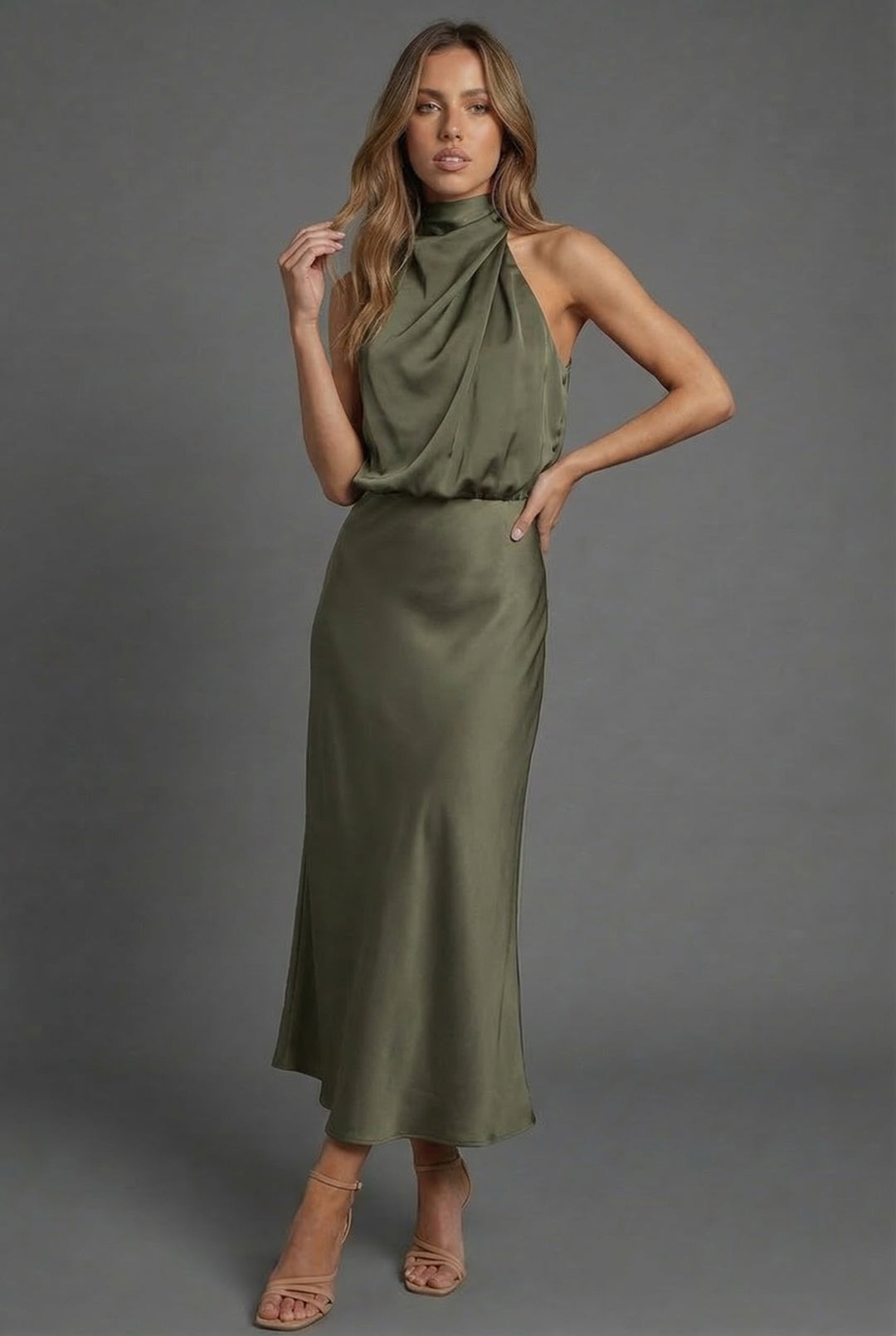 Sleeveless Draped Halterneck Satin Midi Dress