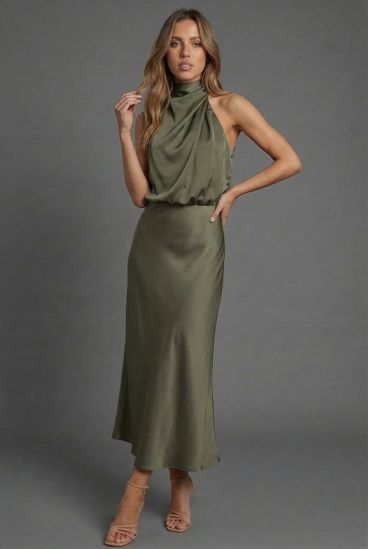 Sleeveless Draped Halterneck Satin Midi Dress