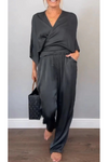 Sofia | Women's 2 Piece Satin Wrap Top and Wide Leg Trouser Set
