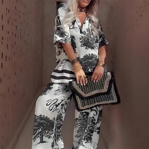 Amber | Women’s Printed V-Neck Set with Wide Trousers
