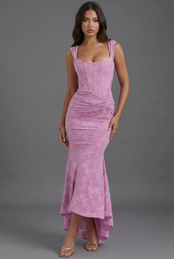 Square Neck Corset Fishtail Maxi Dress in Floral Jacquard