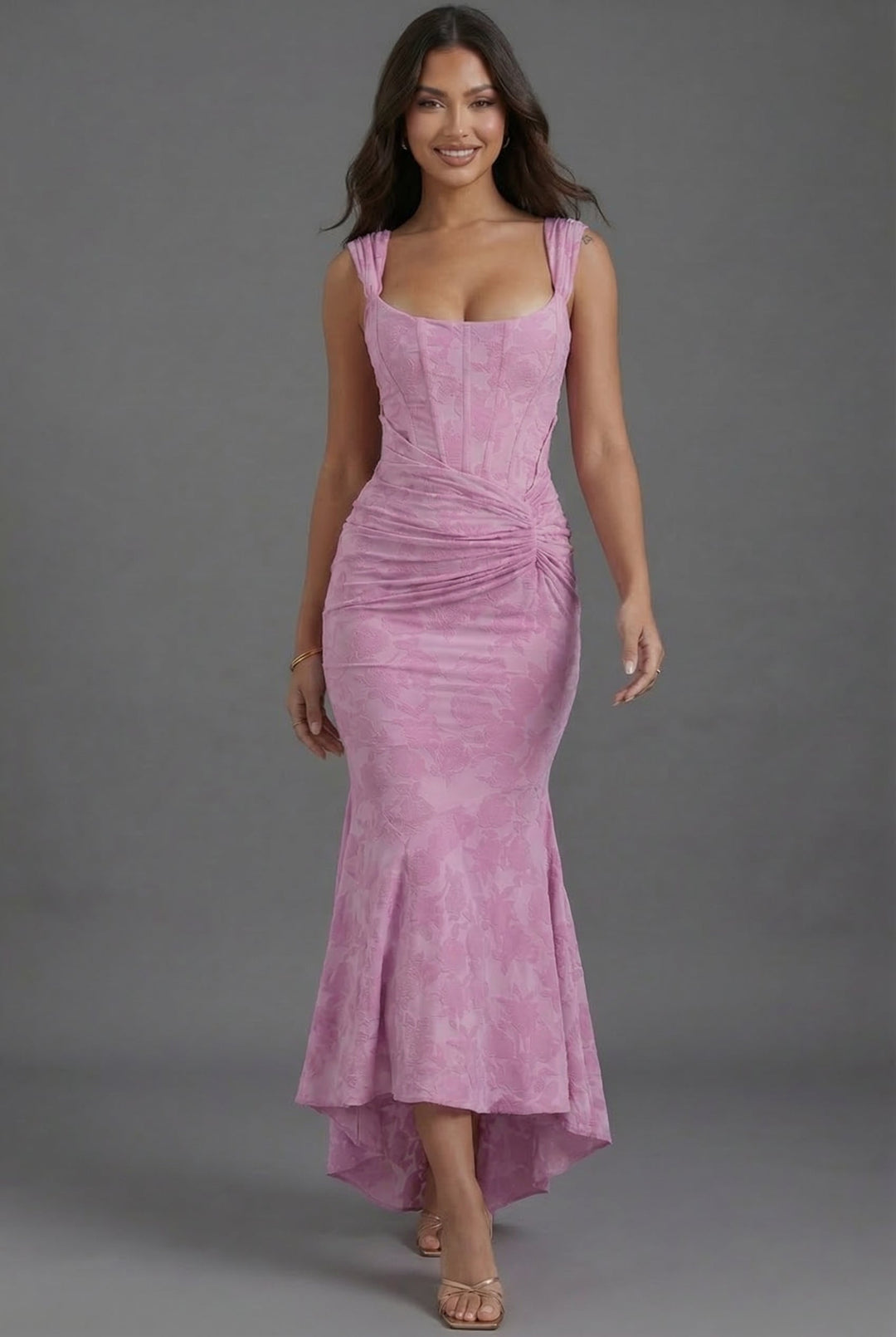 Square Neck Corset Fishtail Maxi Dress in Floral Jacquard