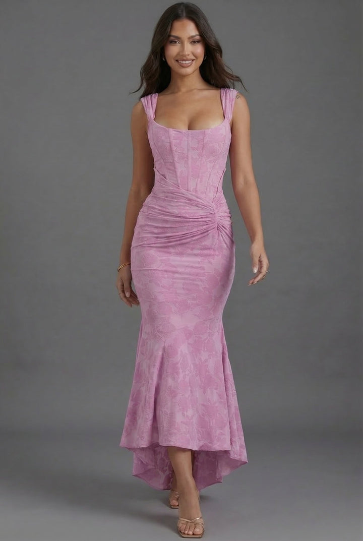 Square Neck Corset Fishtail Maxi Dress in Floral Jacquard