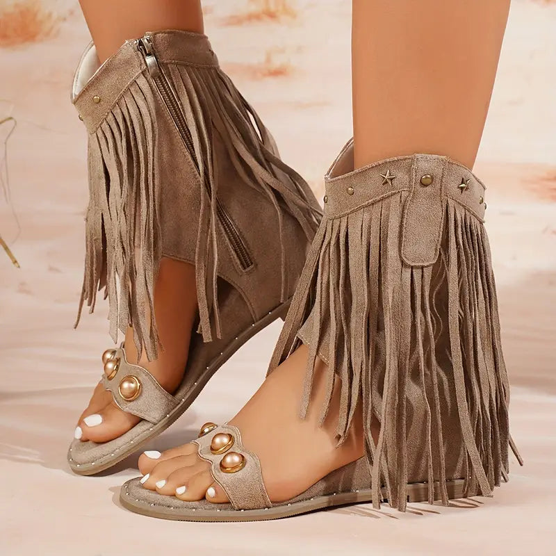 Tatiana | Women’s Fringe Ankle Strap Sandals with Studs