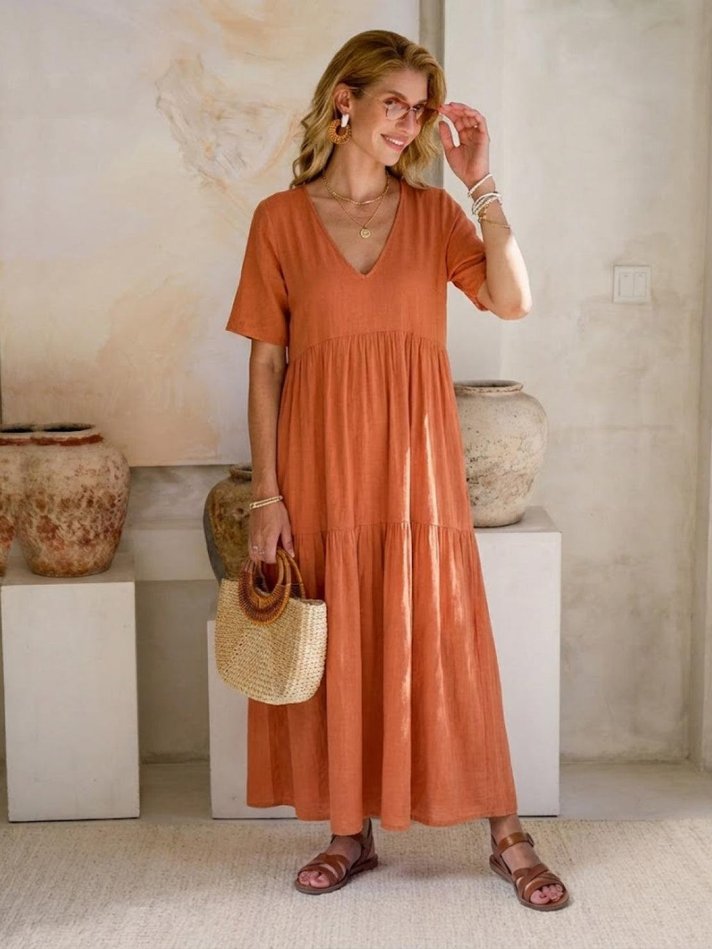 Willow | Women’s V-Neck Tiered Maxi Dress with Sleeves