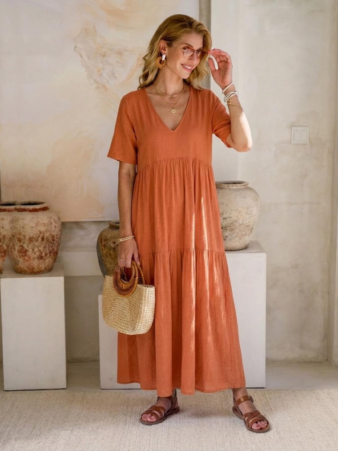 Willow | Women’s V-Neck Tiered Maxi Dress with Sleeves
