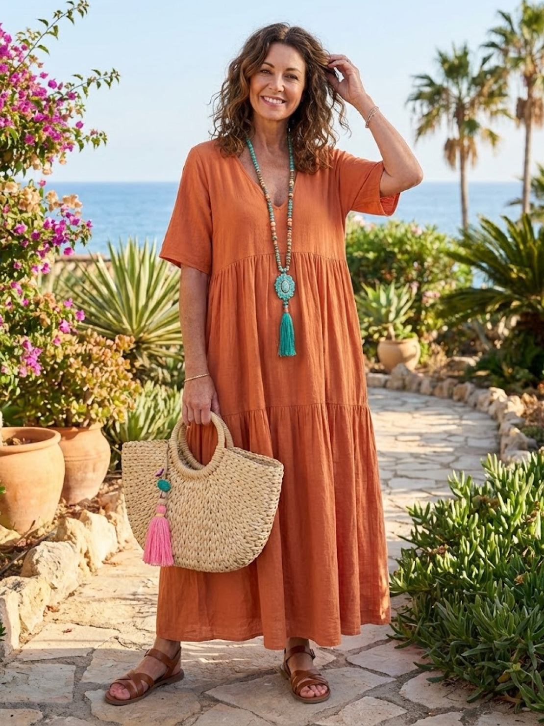 Willow | Women’s V-Neck Tiered Maxi Dress with Sleeves