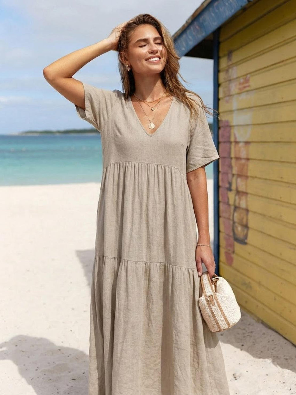 Willow | Women’s V-Neck Tiered Maxi Dress with Sleeves