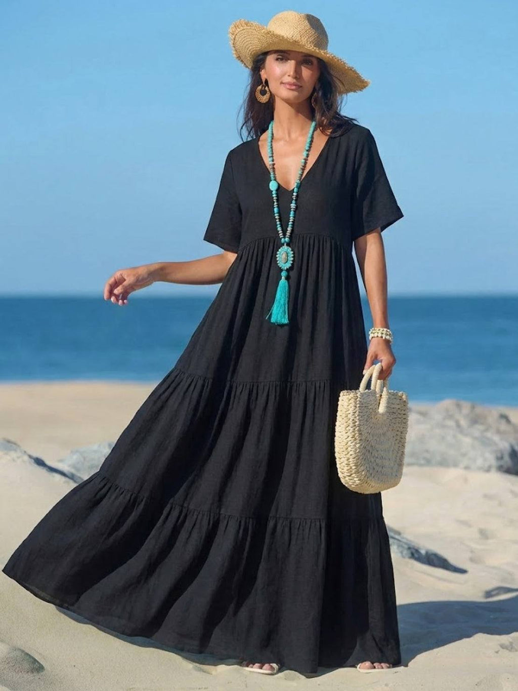 Willow | Women’s V-Neck Tiered Maxi Dress with Sleeves