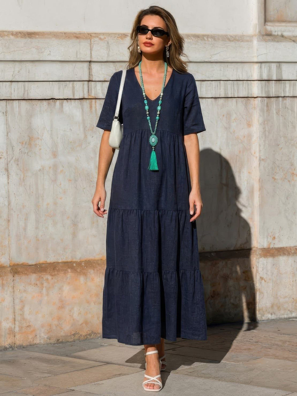 Willow | Women’s V-Neck Tiered Maxi Dress with Sleeves