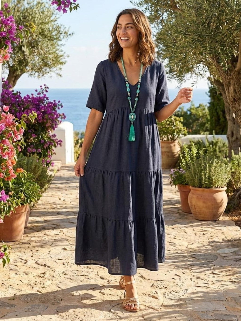 Willow | Women’s V-Neck Tiered Maxi Dress with Sleeves