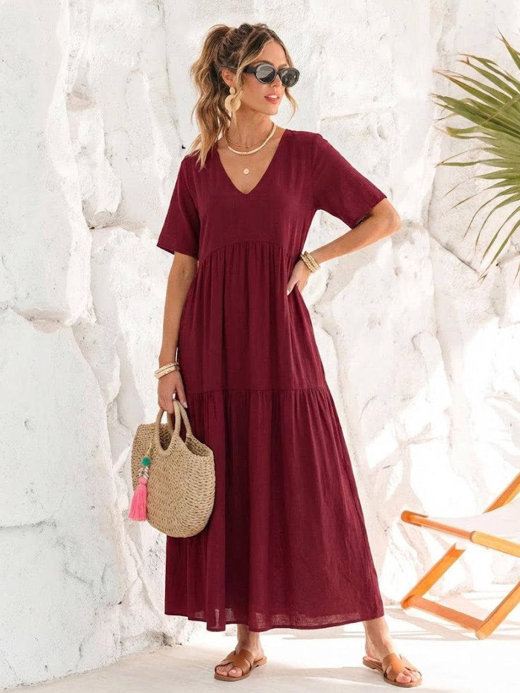 Willow | Women’s V-Neck Tiered Maxi Dress with Sleeves