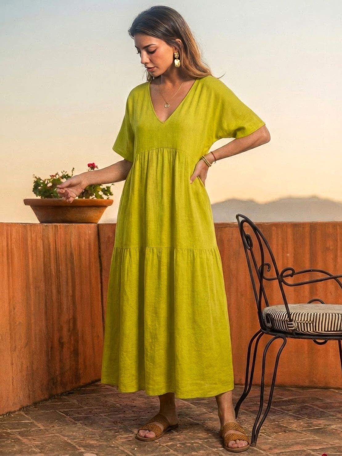 Willow | Women’s V-Neck Tiered Maxi Dress with Sleeves