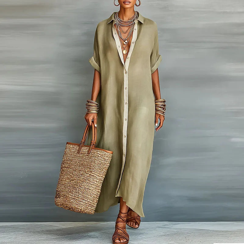 Willa | Women’s Button-Front Maxi Shirt Dress with Collar