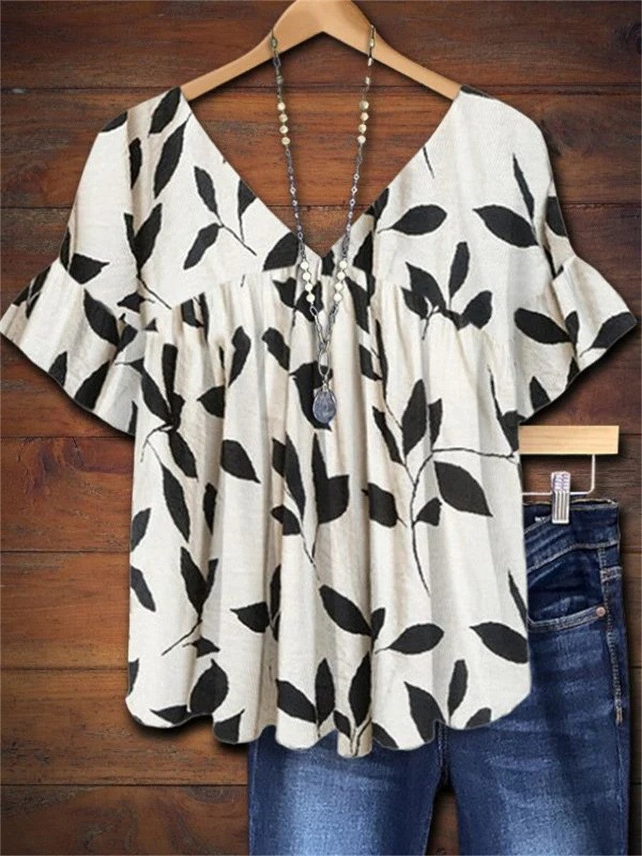 Wynona | Women’s Leaf Print Blouse with V-Neck