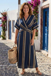 Ximena | Women's Striped V-Neck Short Sleeve Wrap Midi Dress
