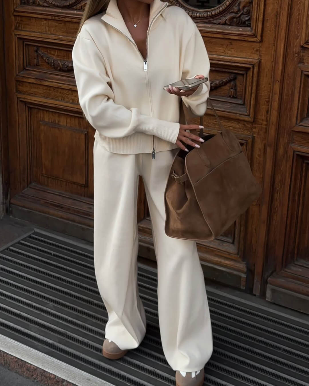 Zip-Up Knit Jacket and Wide-Leg Trousers Two-Piece Set