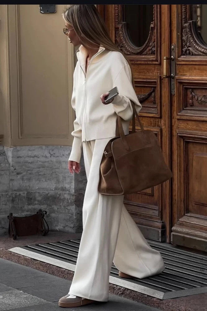 Zip-Up Knit Jacket and Wide-Leg Trousers Two-Piece Set