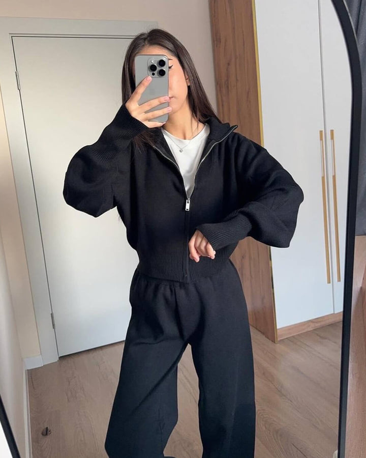 Zip-Up Knit Jacket and Wide-Leg Trousers Two-Piece Set