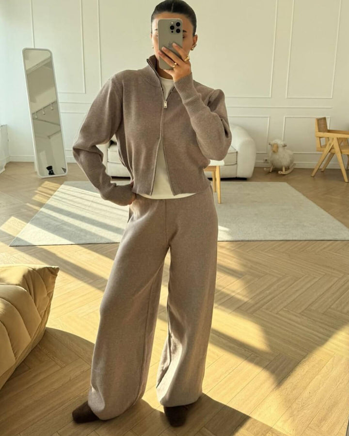Zip-Up Knit Jacket and Wide-Leg Trousers Two-Piece Set