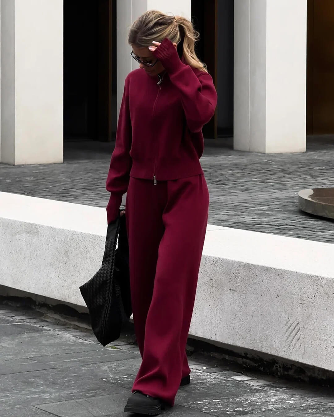 Zip-Up Knit Jacket and Wide-Leg Trousers Two-Piece Set